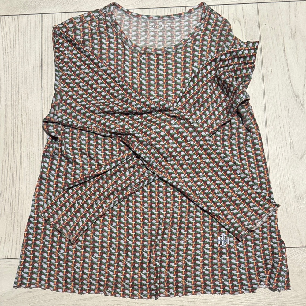 Tory Sport Geometric Long Sleeve Top in Brown and Blue
